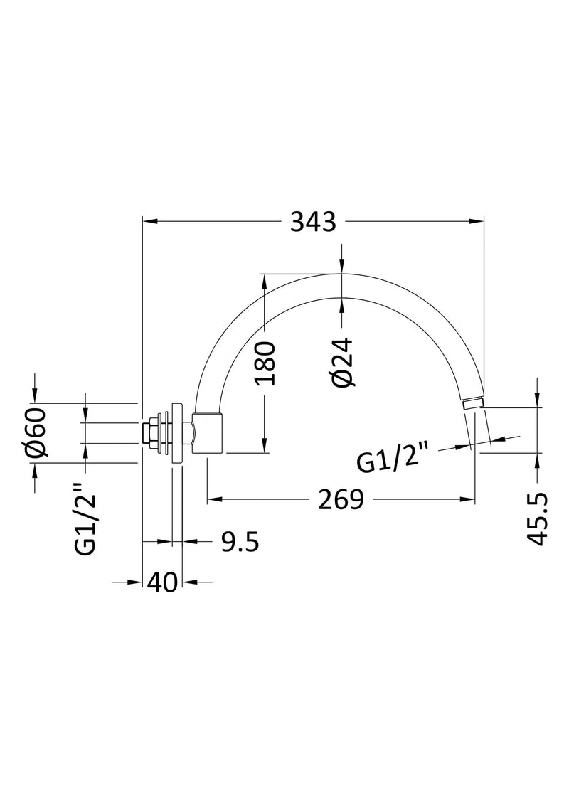 Nuie Brushed Brass Wall Mounted Shower Arm dimensions line drawing
