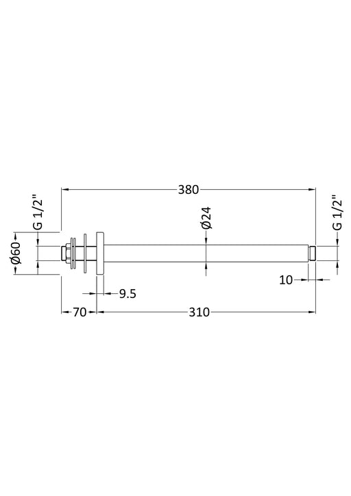 Nuie Brushed Brass Ceiling-Mounted Shower Arm dimensions line drawing