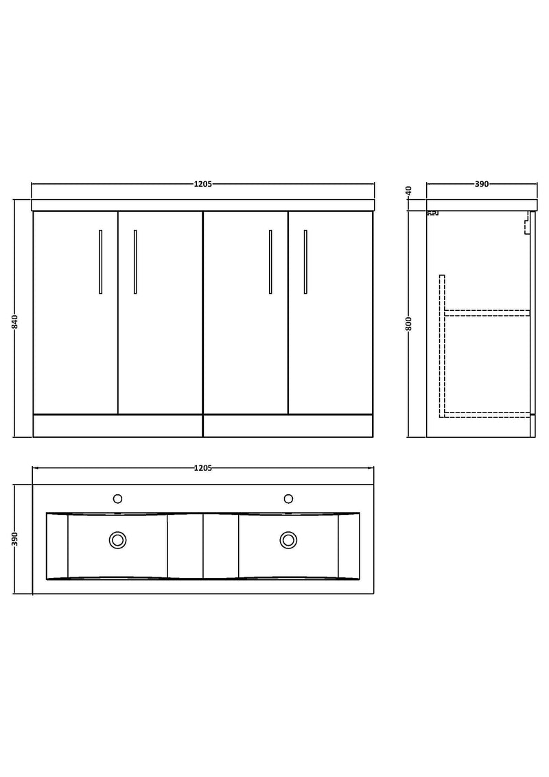 Nuie Arno 1200mm Floor Standing double vanity - 4 Door - dimensioned line drawing