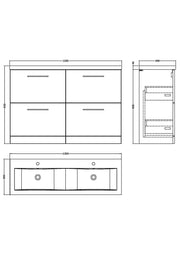 Nuie Arno 1200mm Floor Standing double vanity - 4 Drawer - dimensioned line drawing