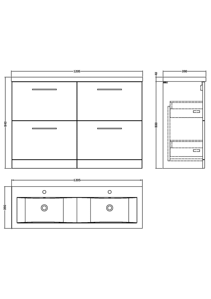 Nuie Arno 1200mm Floor Standing double vanity - 4 Drawer - dimensioned line drawing