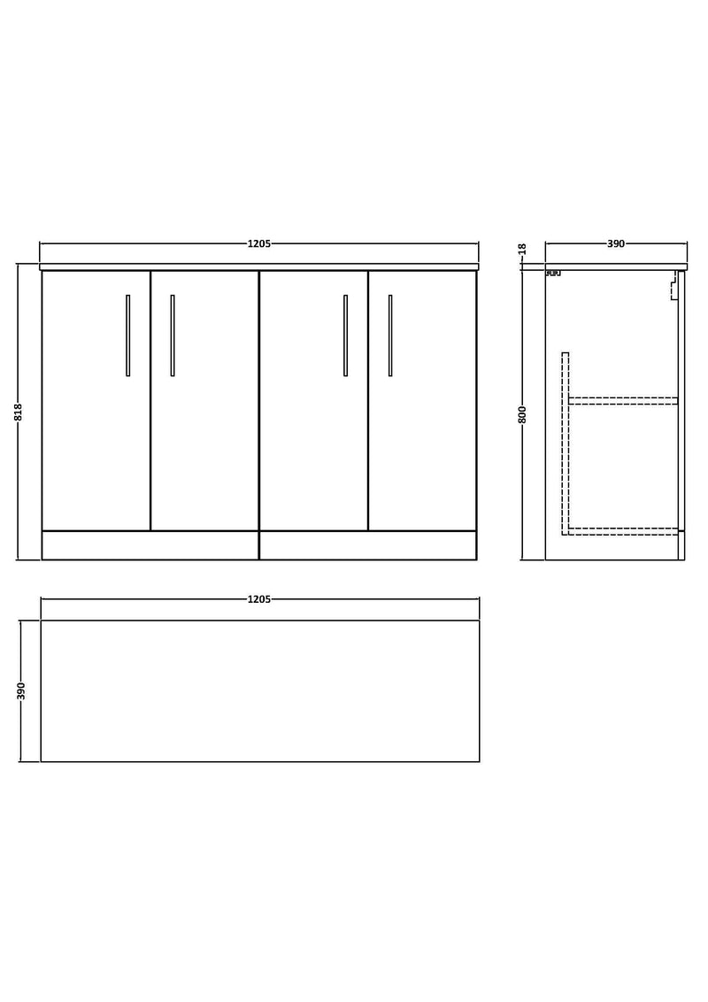 Nuie Arno 1200mm 2 Door Floor Standing Worktop Vanity Unit dimensions