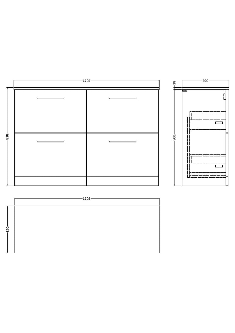 Nuie Arno 1200mm 4 Drawer Floor Standing Worktop Vanity Unit dimensions