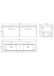 Nuie Arno 1200mm Wall Hung double vanity - 2 Drawer - dimensioned line drawing
