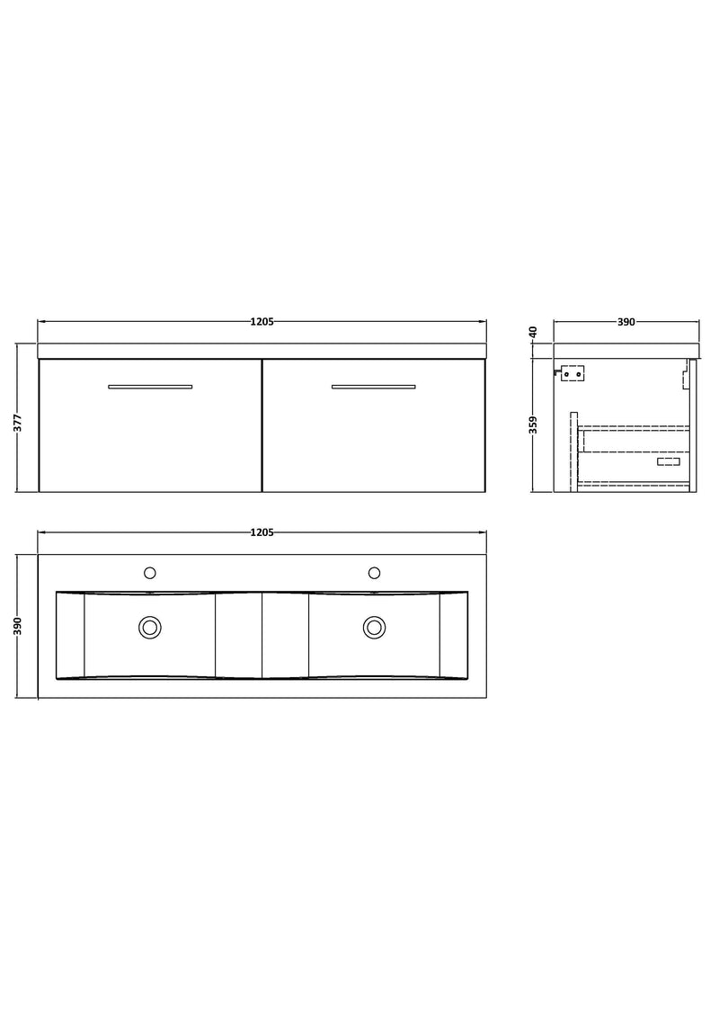 Nuie Arno 1200mm Wall Hung double vanity - 2 Drawer - dimensioned line drawing