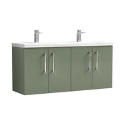 Nuie Arno 1200mm Wall Hung double vanity - 4 Door (Ceramic Basin) Satin Green