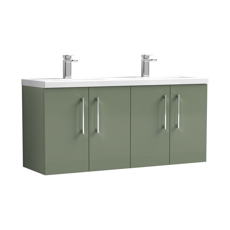 Nuie Arno 1200mm Wall Hung double vanity - 4 Door (Ceramic Basin) Satin Green