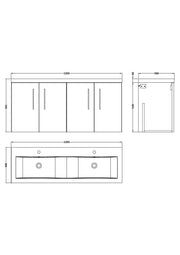Nuie Arno 1200mm Wall Hung double vanity - 4 Door - dimensioned line drawing