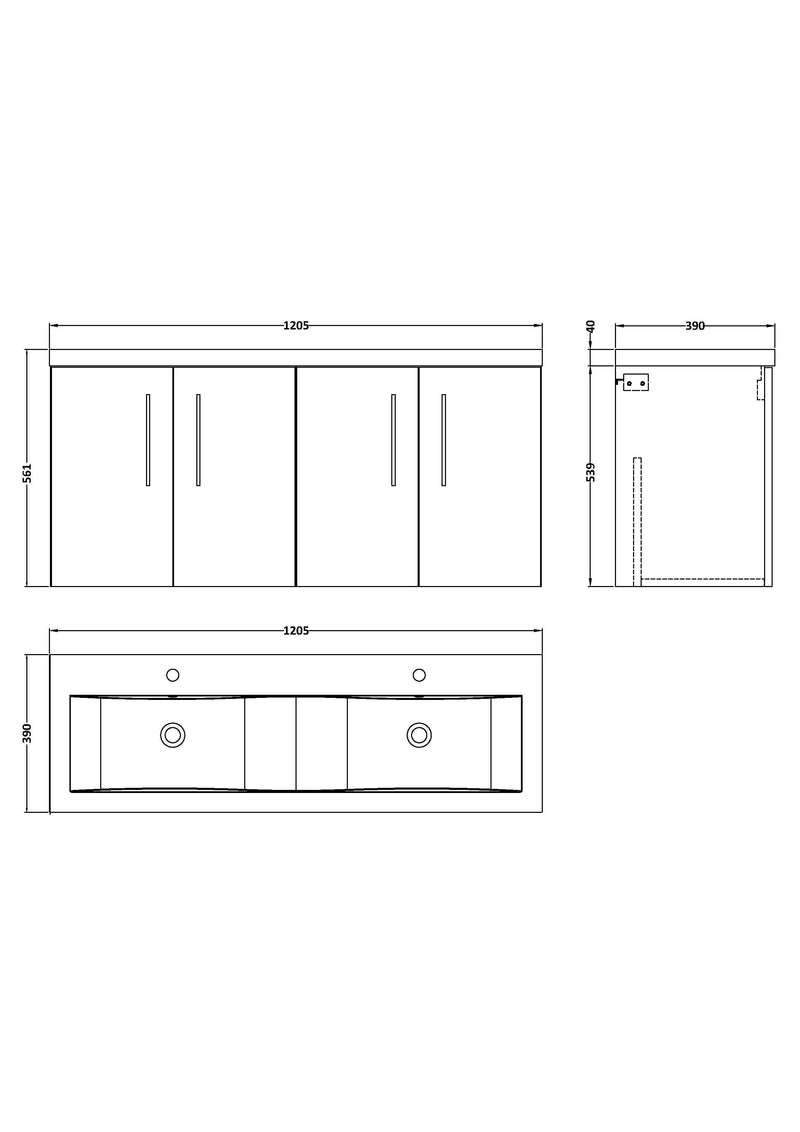 Nuie Arno 1200mm Wall Hung double vanity - 4 Door - dimensioned line drawing