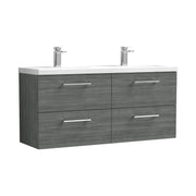 Nuie Arno 1200mm Wall Hung double vanity - 4 Drawer (Ceramic Basin) Anthracite Woodgrain
