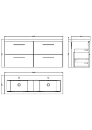 Nuie Arno 1200mm Wall Hung double vanity - 4 Drawer - dimensioned line drawing