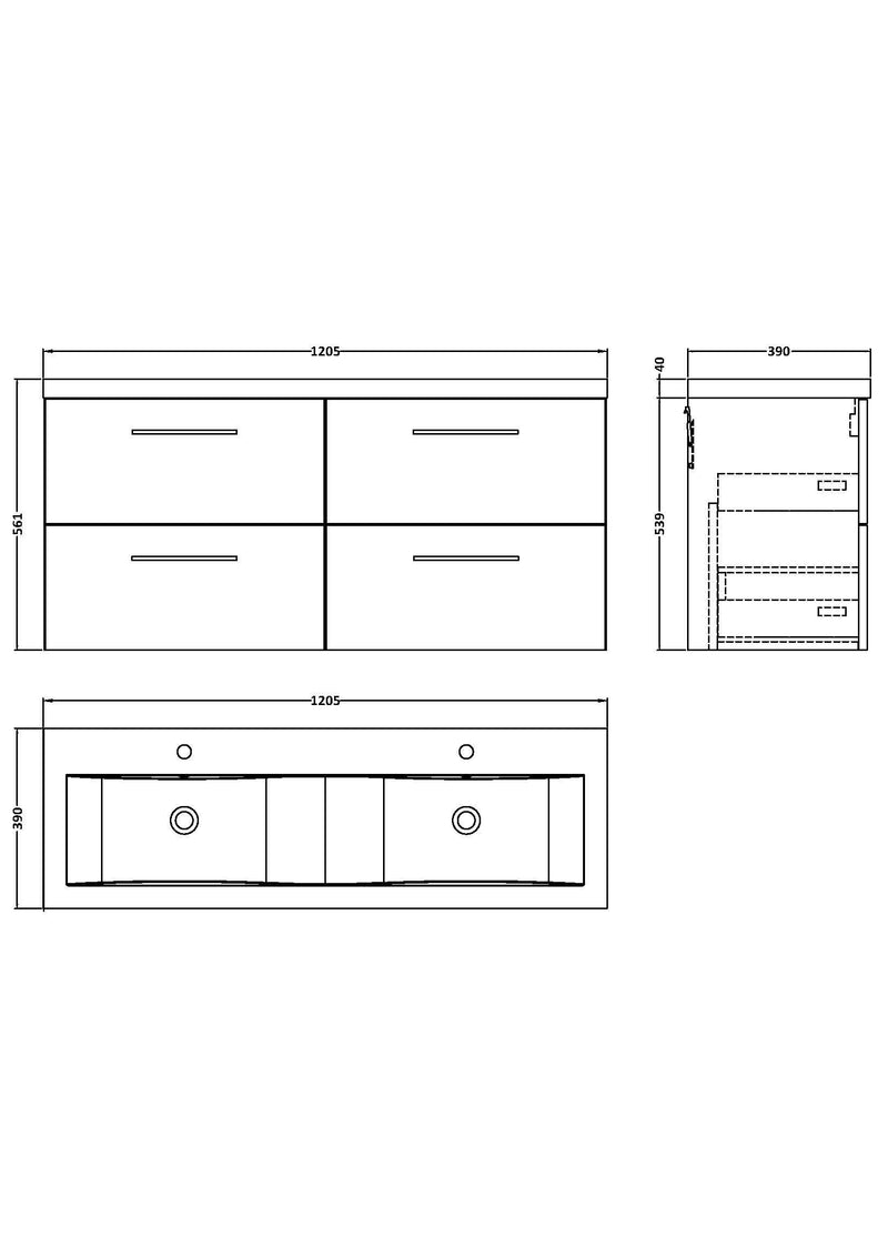 Nuie Arno 1200mm Wall Hung double vanity - 4 Drawer - dimensioned line drawing