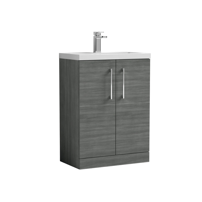 Nuie Arno Compact 600mm 2 Door Floor Standing Vanity Unit with Polymarble Basin - Anthracite Woodgrain