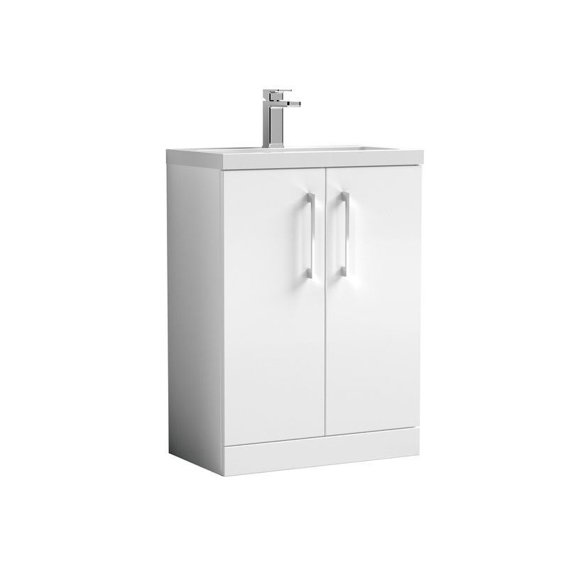 Nuie Arno Compact 600mm 2 Door Floor Standing Vanity Unit with Polymarble Basin - Gloss White