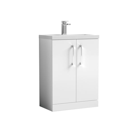 Nuie Arno Compact 600mm 2 Door Floor Standing Vanity Unit with Polymarble Basin - Gloss White