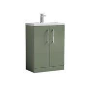 Nuie Arno Compact 600mm 2 Door Floor Standing Vanity Unit with Polymarble Basin - Satin Green