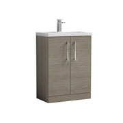 Nuie Arno Compact 600mm 2 Door Floor Standing Vanity Unit with Polymarble Basin - Solace Oak