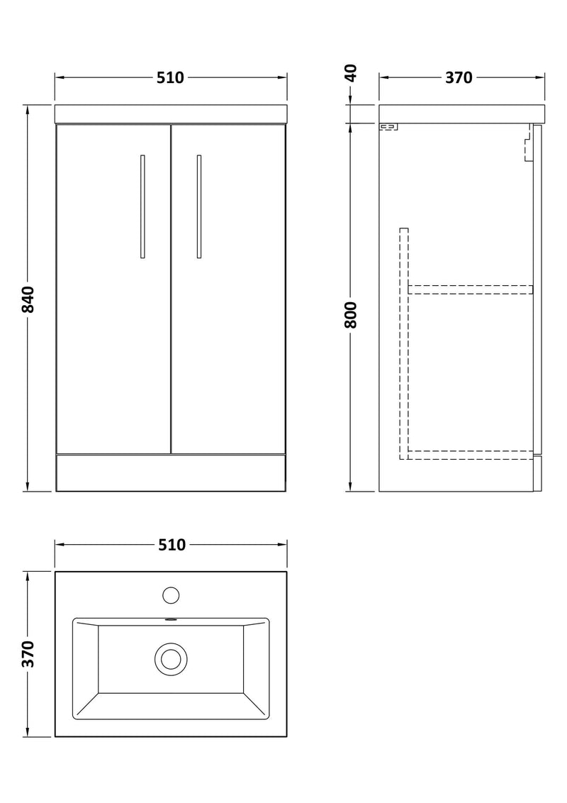 Nuie Arno Compact Floor Standing Vanity Unit with Basin (All Sizes) line drawing