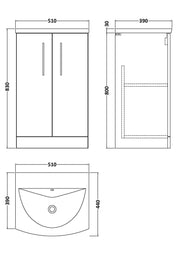 Nuie Arno Floor Standing vanity unit with Curved basin - 500mm (2 Doors) - dimensioned line drawing