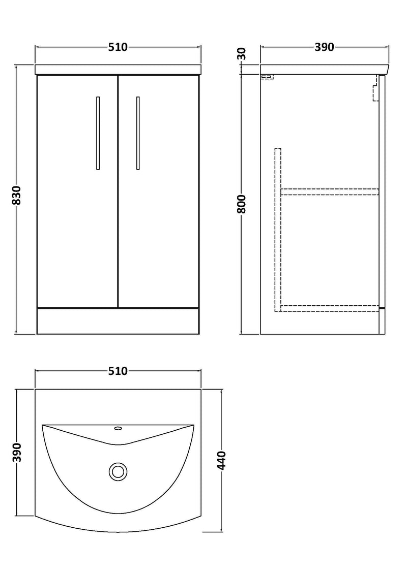 Nuie Arno Floor Standing vanity unit with Curved basin - 500mm (2 Doors) - dimensioned line drawing