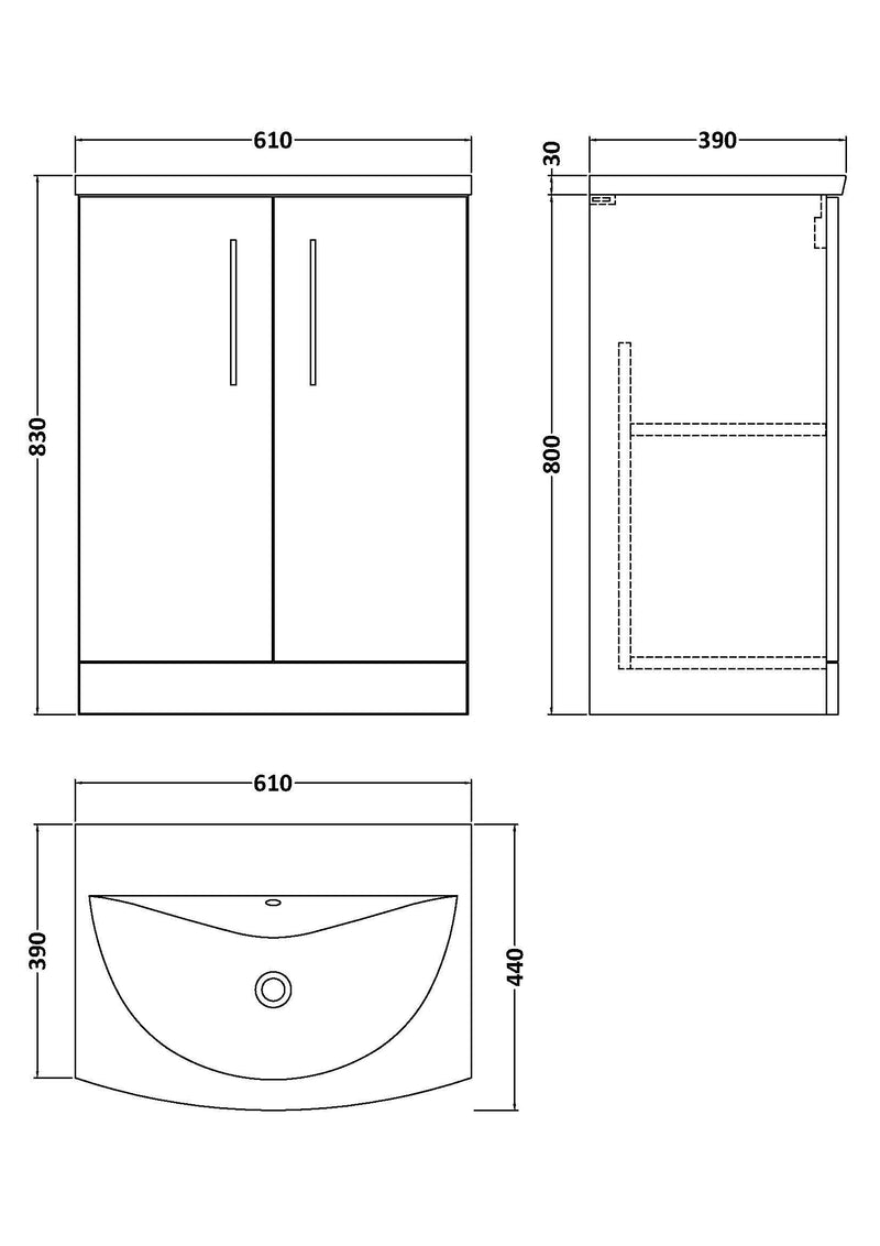 Nuie Arno Floor Standing vanity unit with Curved basin - 600mm (2 Doors) - dimensioned line drawing