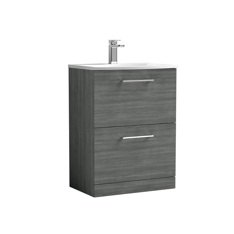 Nuie Arno Floor Standing vanity unit with Curved basin - 600mm (2 Drawers) Anthracite Woodgrain