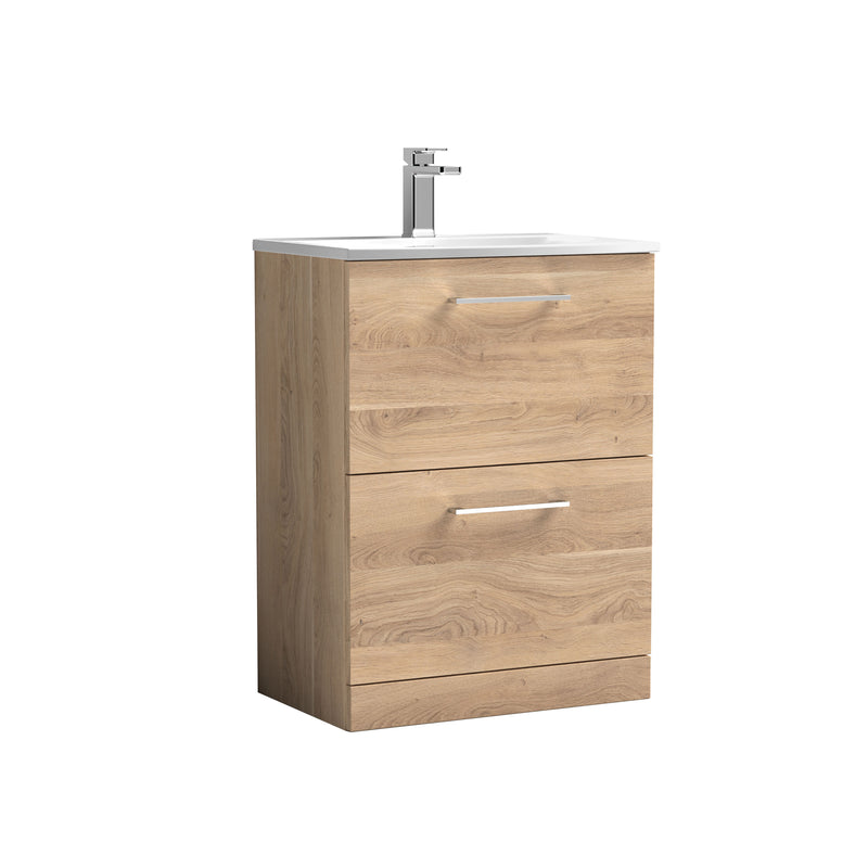 Nuie Arno Floor Standing vanity unit with Curved basin - 600mm (2 Drawers) Bleached Oak
