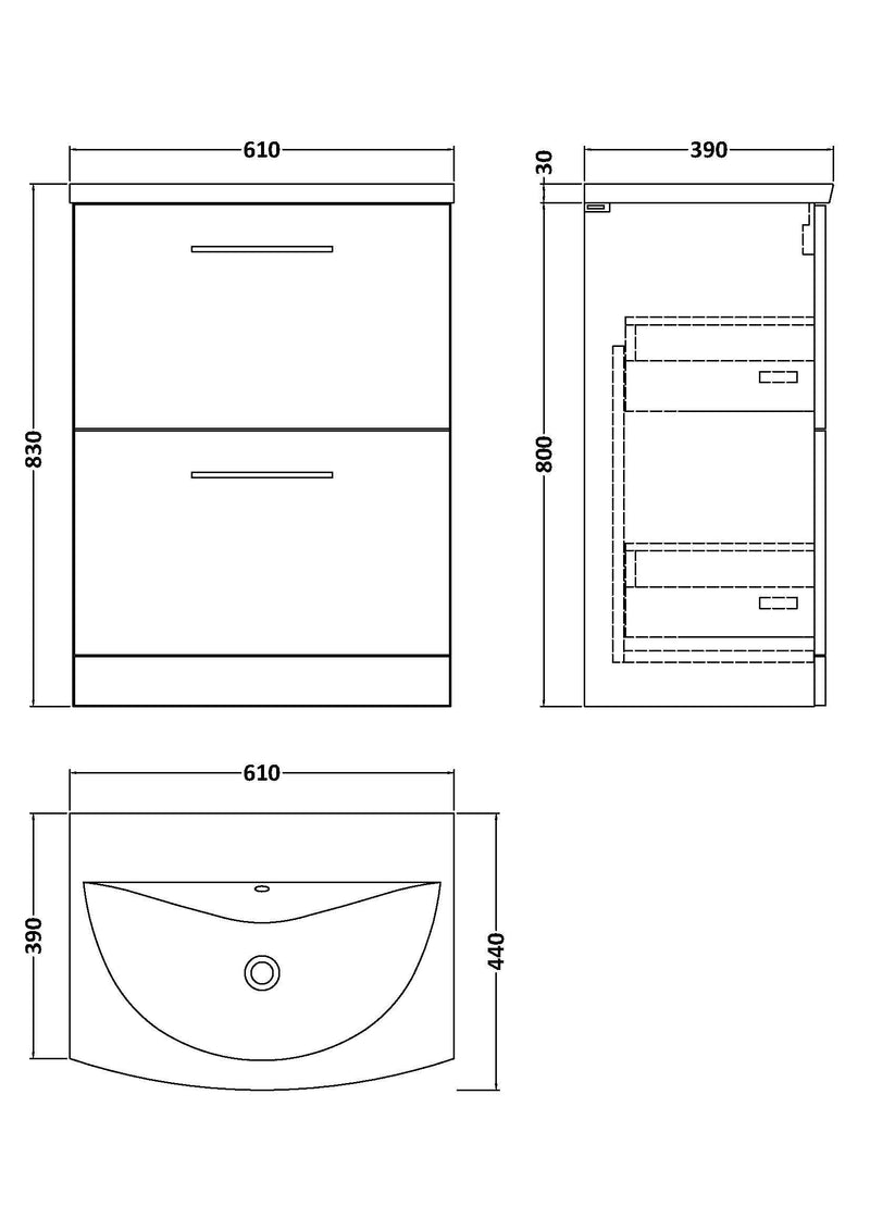 Nuie Arno Floor Standing vanity unit with Curved basin - 600mm (2 Drawers) - dimensioned line drawing