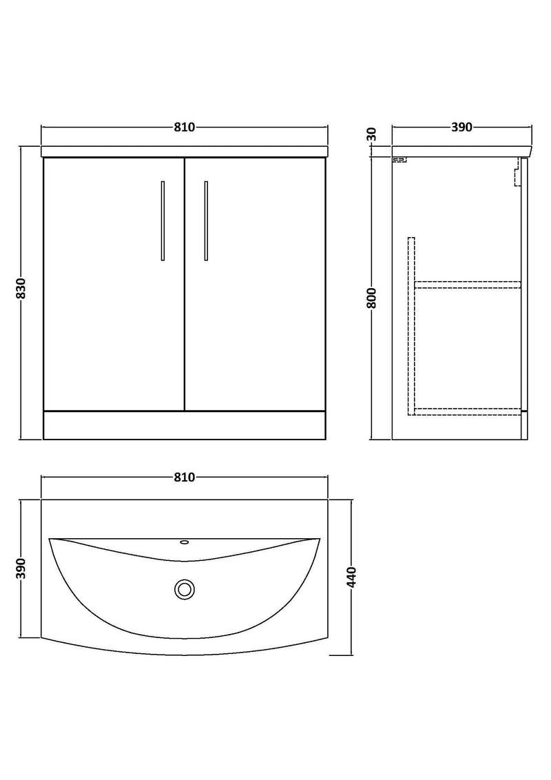 Nuie Arno Floor Standing vanity unit with Curved basin - 800mm (2 Doors) - dimensioned line drawing