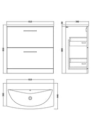 Nuie Arno Floor Standing vanity unit with Curved basin - 800mm (2 Drawers) - dimensioned line drawing