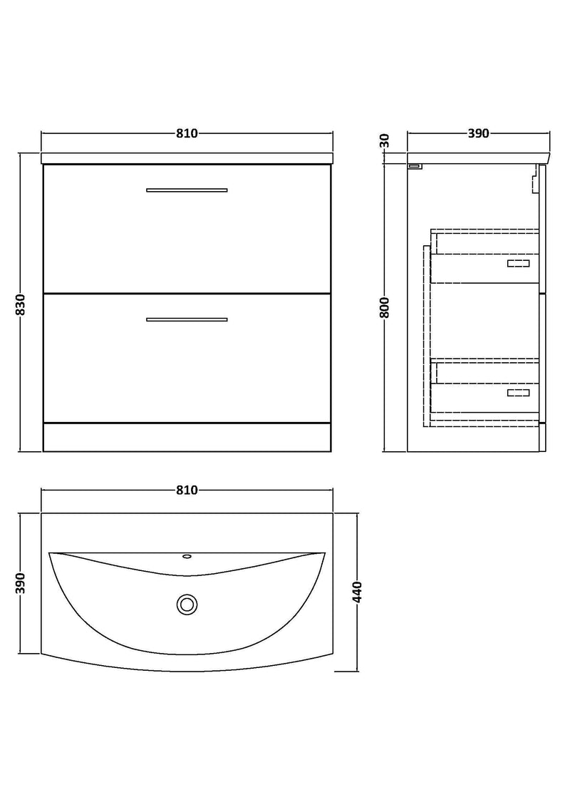Nuie Arno Floor Standing vanity unit with Curved basin - 800mm (2 Drawers) - dimensioned line drawing
