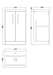 Nuie Arno Floor Standing vanity unit with Mid-Edge basin - 500mm (2 Doors) - dimensioned line drawing