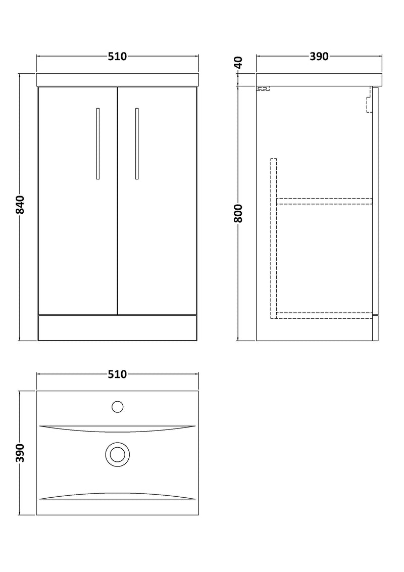 Nuie Arno Floor Standing vanity unit with Mid-Edge basin - 500mm (2 Doors) - dimensioned line drawing