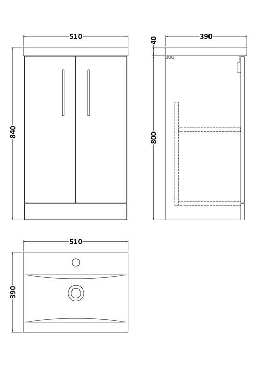 Nuie Arno Floor Standing vanity unit with Mid-Edge basin - 500mm (2 Doors) - dimensioned line drawing