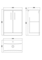 Nuie Arno Floor Standing vanity unit with Mid-Edge basin - 600mm (2 Doors) - dimensioned line drawing