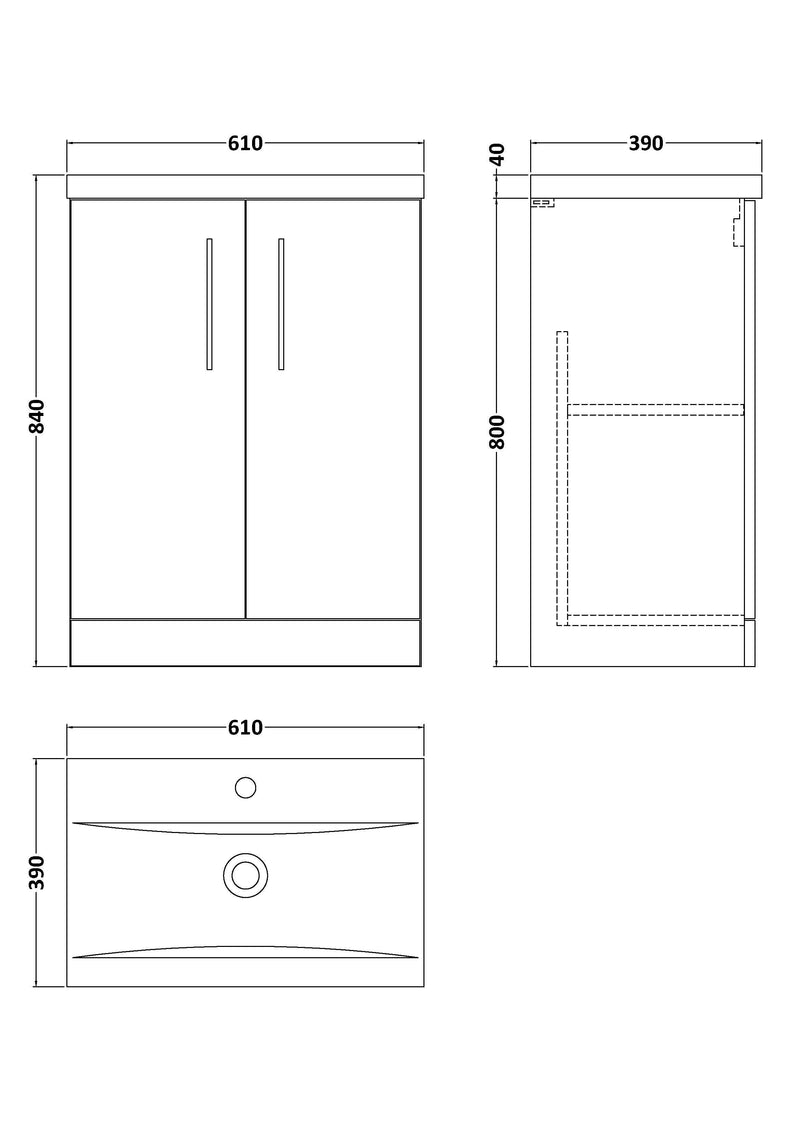 Nuie Arno Floor Standing vanity unit with Mid-Edge basin - 600mm (2 Doors) - dimensioned line drawing