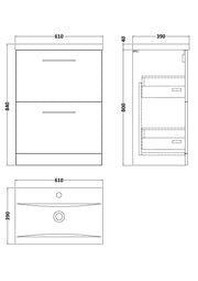 Nuie Arno Floor Standing vanity unit with Mid-Edge basin - 600mm (2 Drawers) - dimensioned line drawing