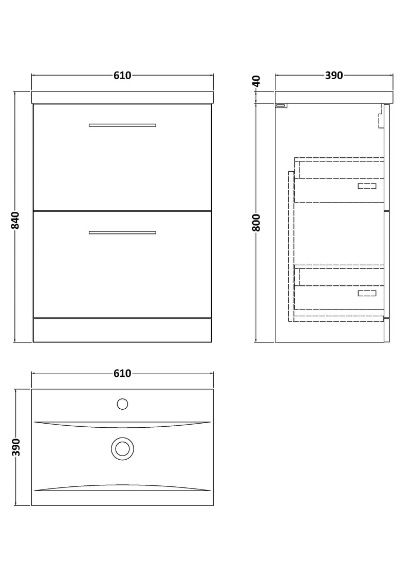 Nuie Arno Floor Standing vanity unit with Mid-Edge basin - 600mm (2 Drawers) - dimensioned line drawing