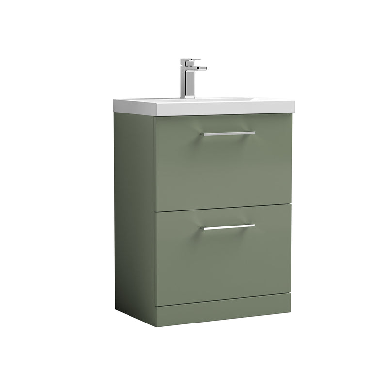 Nuie Arno Floor Standing vanity unit with Mid-Edge basin - 600mm (2 Drawers) Satin Green
