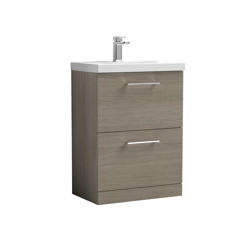 Nuie Arno Floor Standing vanity unit with Mid-Edge basin - 600mm (2 Drawers) Solace Oak