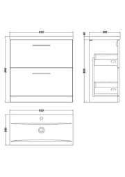 Nuie Arno Floor Standing vanity unit with Mid-Edge basin - 800mm (2 Drawers) - dimensioned line drawing