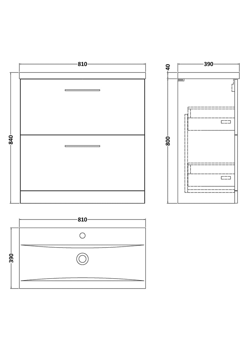 Nuie Arno Floor Standing vanity unit with Mid-Edge basin - 800mm (2 Drawers) - dimensioned line drawing