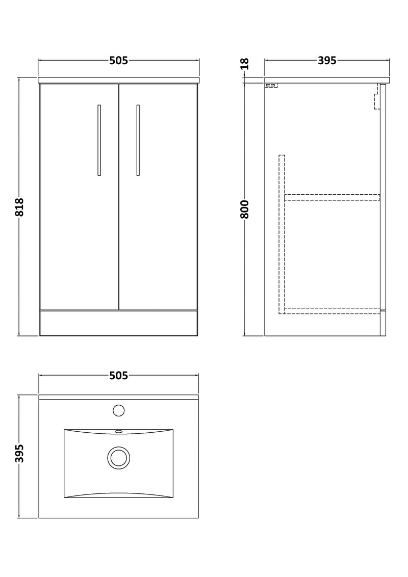 Nuie Arno Floor Standing vanity unit with Minimalist basin - 500mm (2 Doors) - dimensioned line drawing