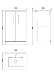 Nuie Arno Floor Standing vanity unit with Minimalist basin - 500mm (2 Doors) - dimensioned line drawing