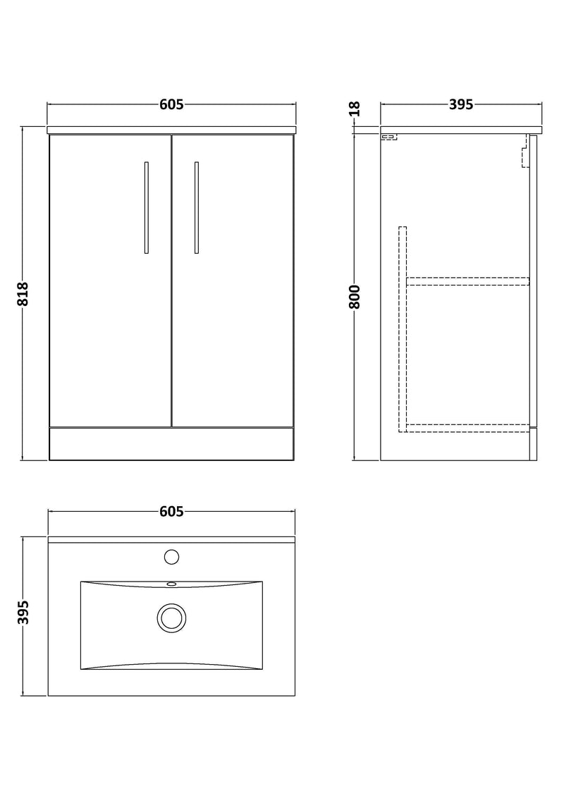 Nuie Arno Floor Standing vanity unit with Minimalist basin - 600mm (2 Doors) - dimensioned line drawing