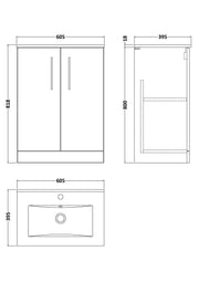 Nuie Arno Floor Standing vanity unit with Minimalist basin - 600mm (2 Doors) - dimensioned line drawing