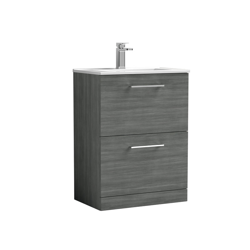 Nuie Arno Floor Standing vanity unit with Minimalist basin - 600mm (2 Drawers) Anthracite Woodgrain