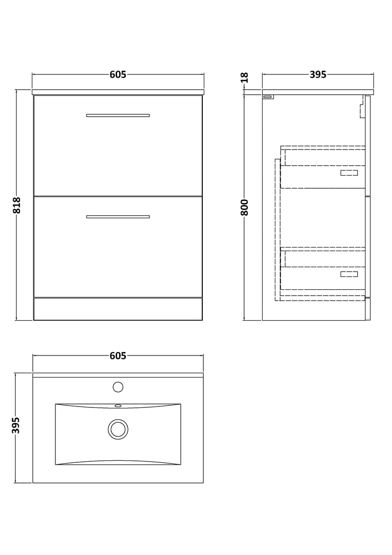 Nuie Arno Floor Standing vanity unit with Minimalist basin - 600mm (2 Drawers) - dimensioned line drawing