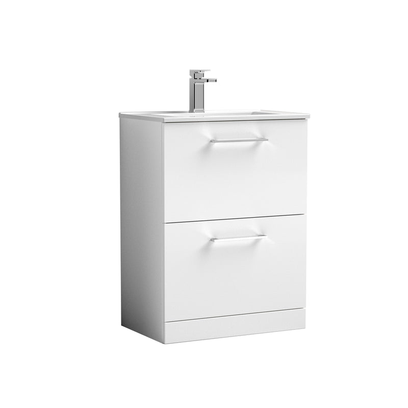 Nuie Arno Floor Standing vanity unit with Minimalist basin - 600mm (2 Drawers) Gloss White