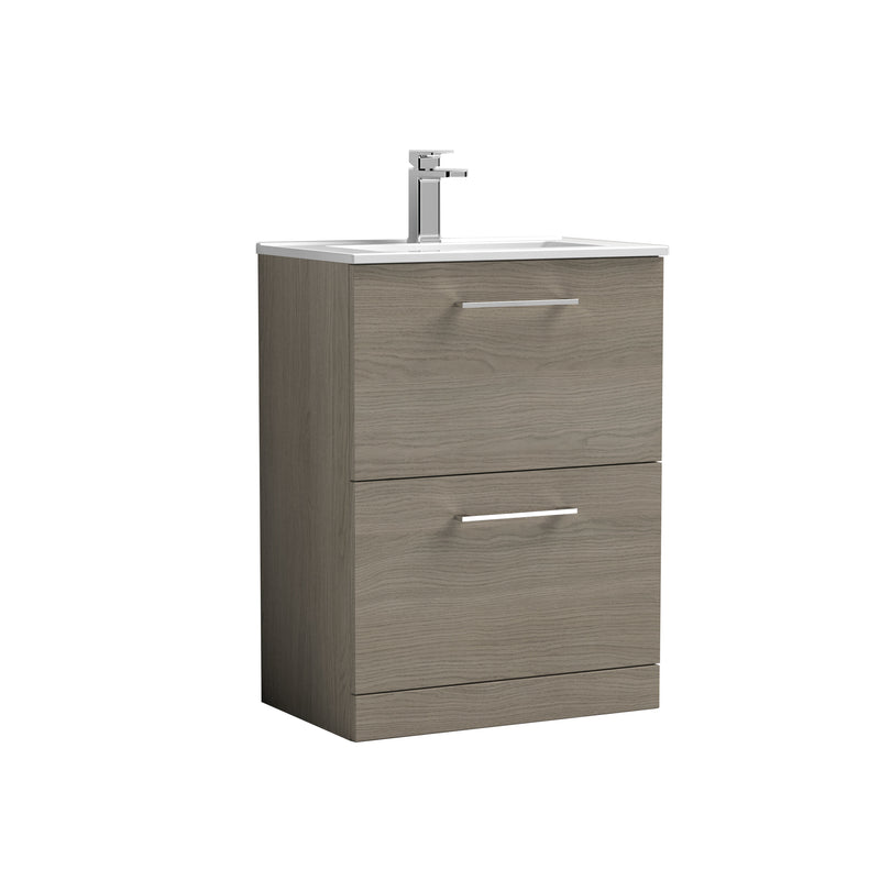 Nuie Arno Floor Standing vanity unit with Minimalist basin - 600mm (2 Drawers) Solace Oak